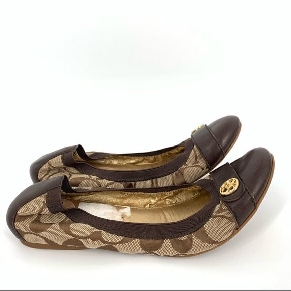 Coach womens Chelsey flats size 7.5 brown monogram cap toe ballet core - Picture 1 of 12